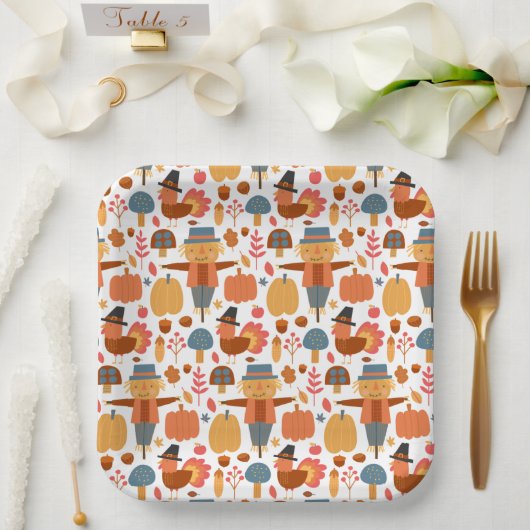 Türkei und Scarecrow Erntedank Pattern Pappteller (Hochzeit)