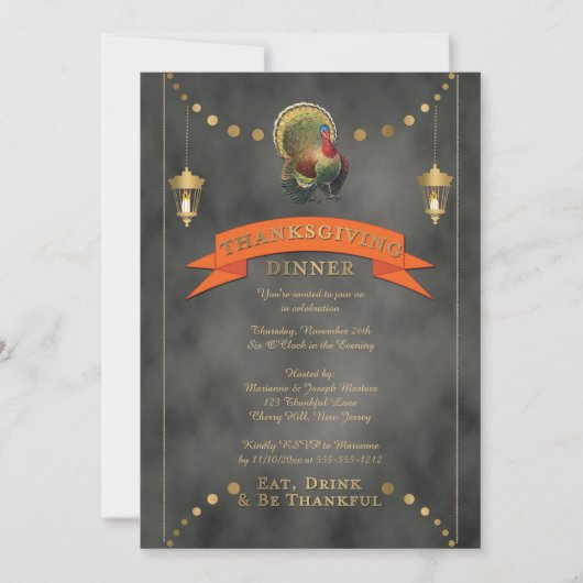 Turkey Chalkboard Lanterns Erntedank Dinner Einladung (Vorderseite)