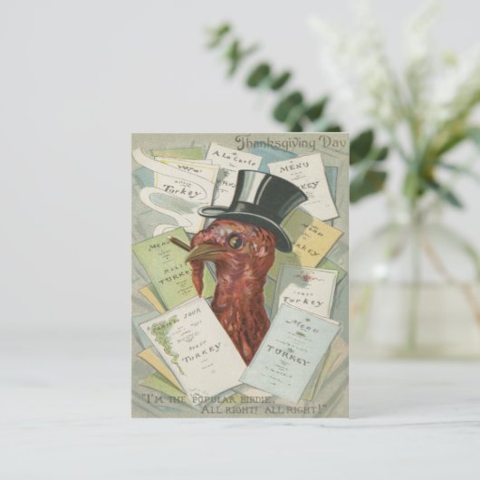 Turkey Cigar Top Hat Erntedank Menu Postkarte (Stehend Vorderseite)