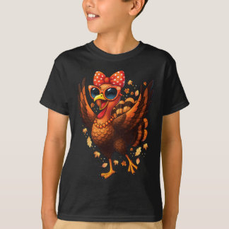Turkey Dancing Turkey Day Womens Fall Cute Bow Tha T-Shirt