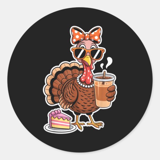 Turkey Drinking Coffee Bow Thanksgiving Womens Tur Runder Aufkleber (Vorderseite)