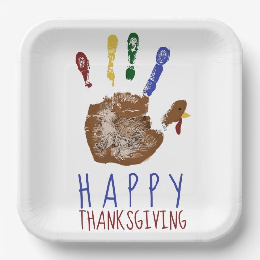 Turkey Handprint Kid Happy Thanksgiving Cute Pappteller (Vorderseite)