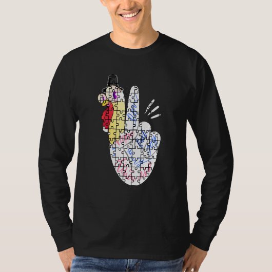 Turkey Peace Hand Sign Puzzle Autism Thanksgiving T-Shirt (Vorderseite)