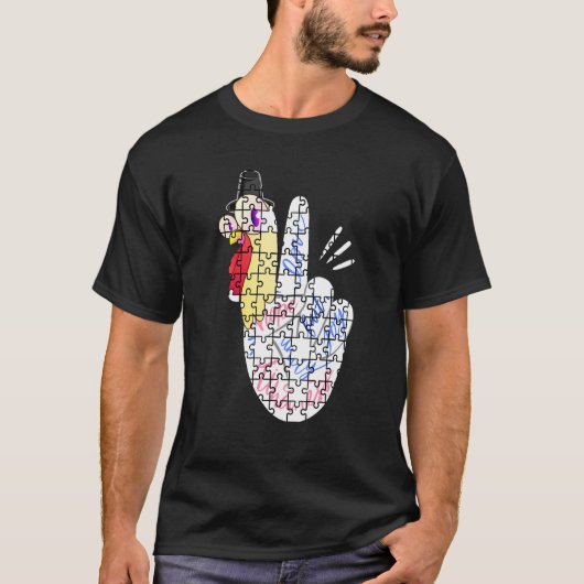 Turkey Peace Hand Sign Puzzle Autism Thanksgiving T-Shirt (Vorderseite)