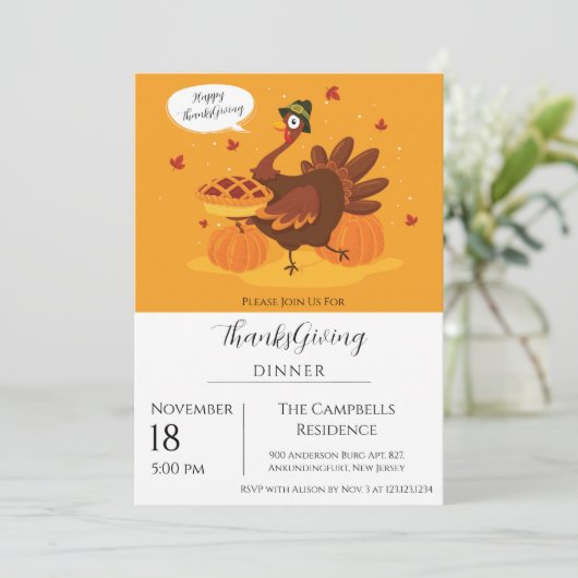 Turkey Pumpkin Erntedank Dinner Einladung (Stehend Vorderseite)