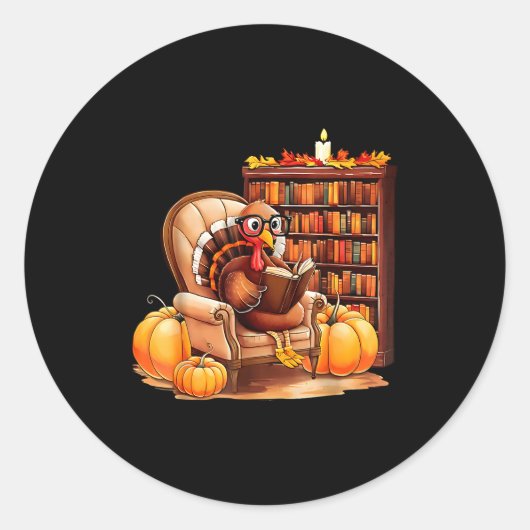 Turkey Reading Books Fall Thanksgiving Teacher Boo Runder Aufkleber (Vorderseite)