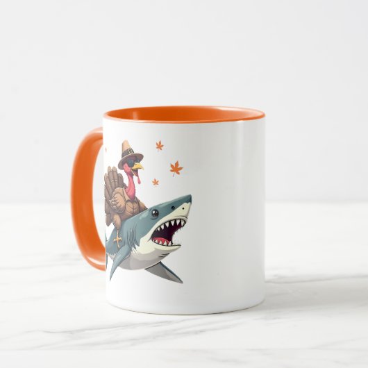 Turkey Riding Shark Funny Thanksgiving Tasse (Vorderseite Links)