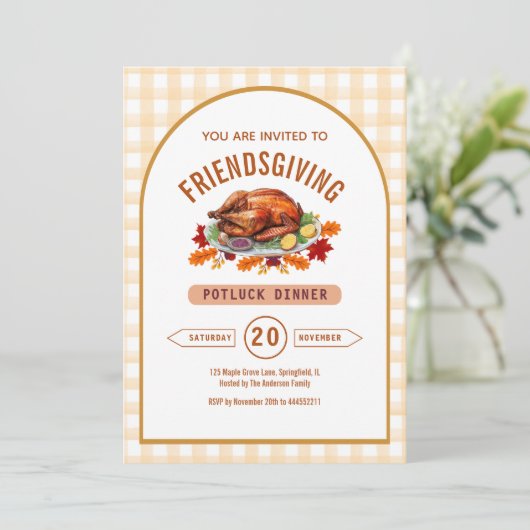 Turkey Thanksgiving Potluck Dinner Arch Gingham  Einladung (Stehend Vorderseite)