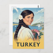Turkey Travel Poster Smiling Woman and Coastal Postkarte (Vorne/Hinten)