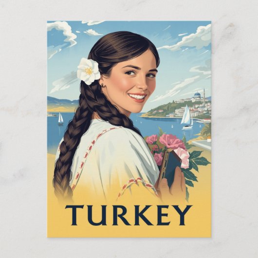Turkey Travel Poster Smiling Woman and Coastal Postkarte (Vorderseite)