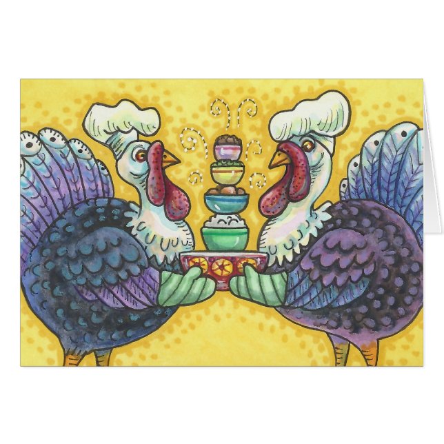 TURKEYS IN KITCHEN THANKSGIVING GREETING CARD B (Vorderseite (Horizontal))