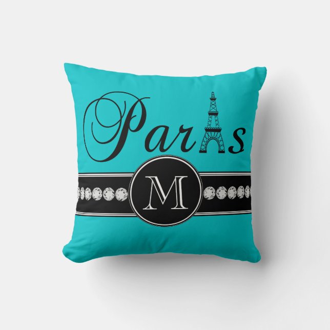 Türkis 00c5cd schwarzes Paris mit Monogramm Kissen (Vorderseite)