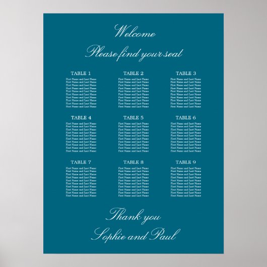 Türkis 9 Tabelle Hochzeitsdiagramm Poster (Vorne)