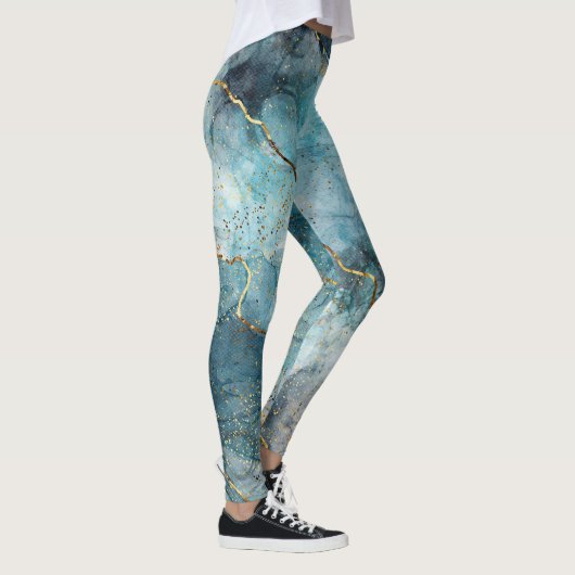 Türkis Abstrakt Watercolor Gold Glitzer Leggings (Rechts)