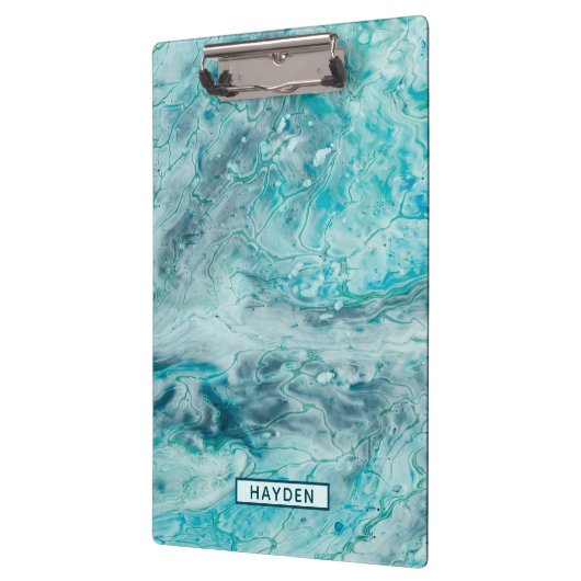 Türkis-abstrakte Farbe gießen Kunst-Monogramm Klemmbrett (Links)