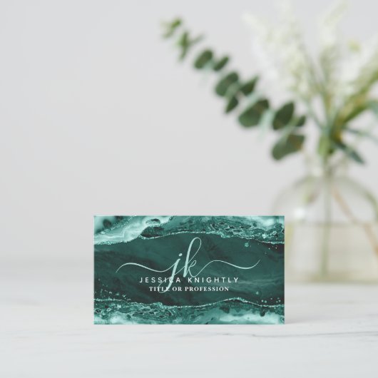 Türkis Agate Glitzer Monogram Script Swash Visitenkarte (Stehend Vorderseite)