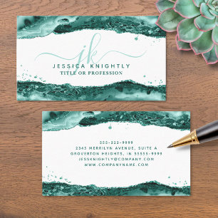 Türkis Agate Glitzer Monogram Script Swash Visitenkarte