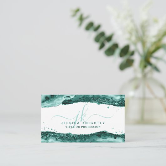 Türkis Agate Glitzer Monogram Script Swash Visitenkarte (Stehend Vorderseite)