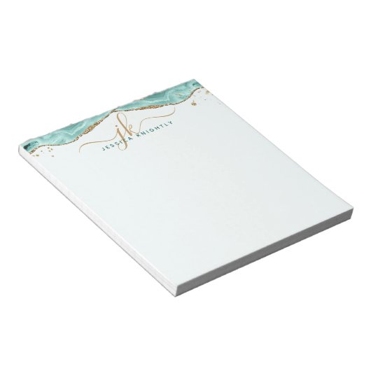 Türkis Agate Gold Glitzer Script Monogram Notizblock (angewinkelt)