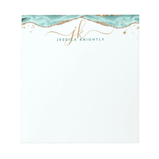 Türkis Agate Gold Glitzer Script Monogram Notizblock (Vorderseite)