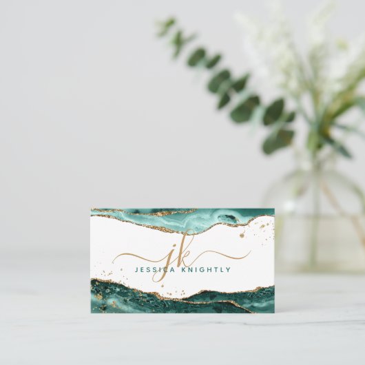 Türkis Agate Gold Glitzer Script Monogram Visitenkarte (Stehend Vorderseite)
