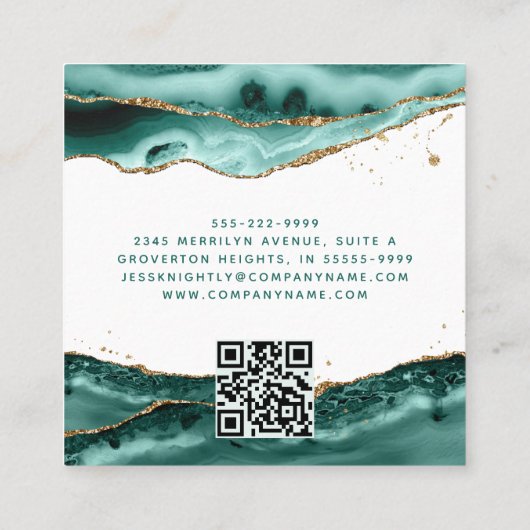 Türkis Agate Gold Script Monogram QR Code Quadratische Visitenkarte (Rückseite)
