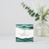 Türkis Agate Gold Script Monogram QR Code Quadratische Visitenkarte (Stehend Vorderseite)