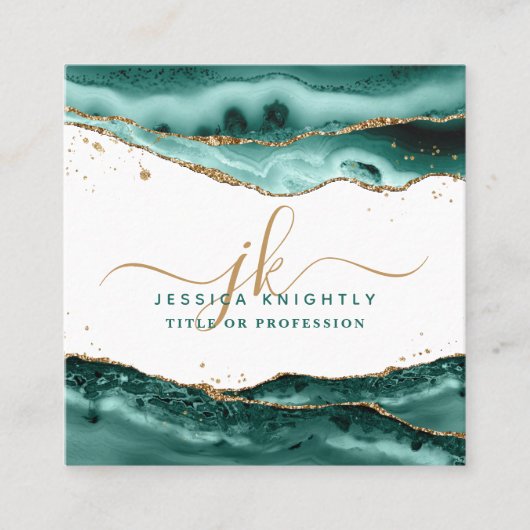 Türkis Agate Gold Script Monogram QR Code Quadratische Visitenkarte (Vorderseite)