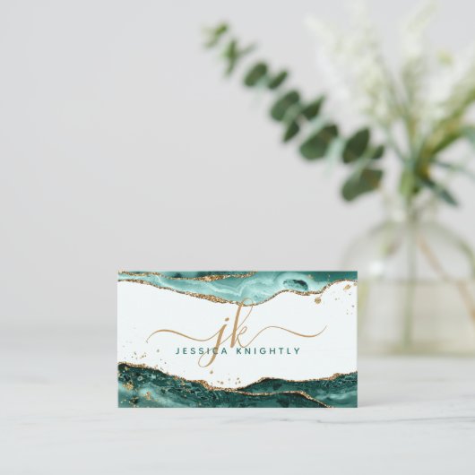Türkis Agate Imitats Gold Glitzer Monogram Script Visitenkarte (Stehend Vorderseite)