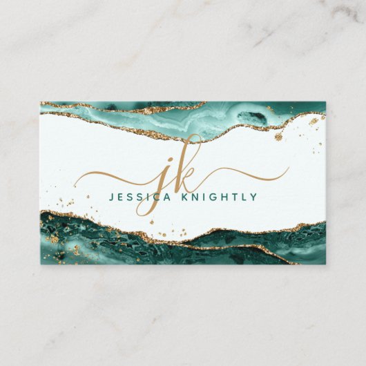 Türkis Agate Imitats Gold Glitzer Monogram Script Visitenkarte (Vorderseite)