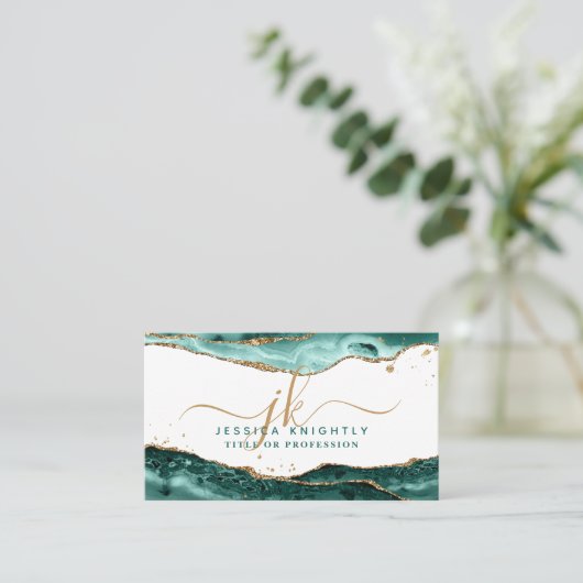 Türkis Agate Script Monogram Gold Glitzern QR Visitenkarte (Stehend Vorderseite)