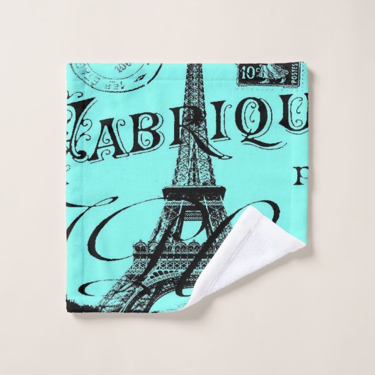 Türkis Aqua aquamarin Scripte Paris Eiffel Tower Badhandtuch Set (Waschlappen)