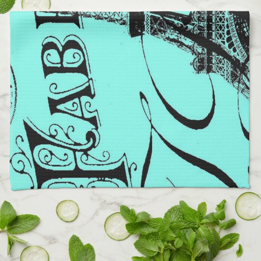 Türkis Aqua aquamarin Scripte Paris Eiffel Tower Geschirrtuch (Gefaltet)