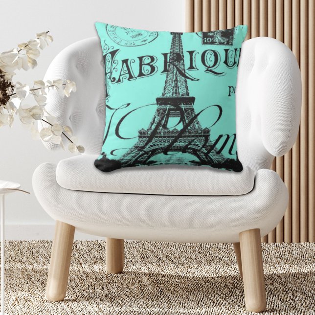 Türkis Aqua aquamarin Scripte Paris Eiffel Tower Kissen (turquoise aqua teal scripts Paris Eiffel Tower Outdoor Pillow)