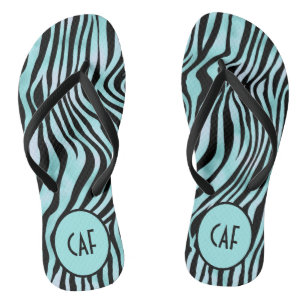 Türkis Aqua Black Zebra Animal Print Monogram Badesandalen