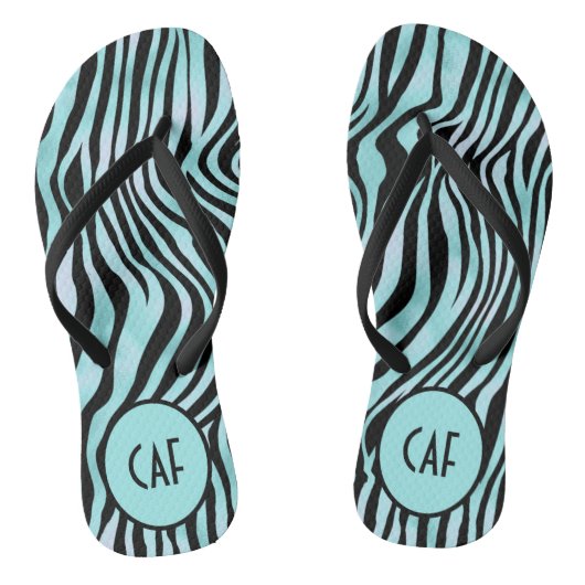 Türkis Aqua Black Zebra Animal Print Monogram Badesandalen (Fußbett)