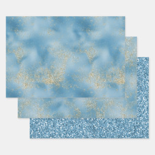 Türkis Aqua Blue Glam Gold Glitzer Geschenkpapier Set