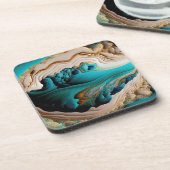 Türkis Aqua Blue Gold Gemstone Akrylus Art Getränkeuntersetzer (Linke Seite)