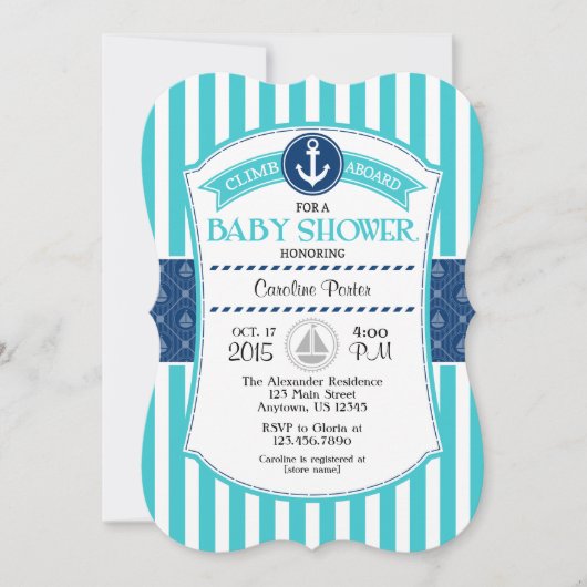 Türkis Aqua Blue Nautical Baby Dusche lädt ein Einladung (Vorderseite)