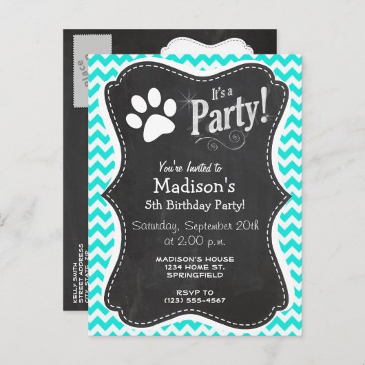 Türkis, Aqua Color Zickzack; Paw Print Einladungspostkarte (Vorne/Hinten)