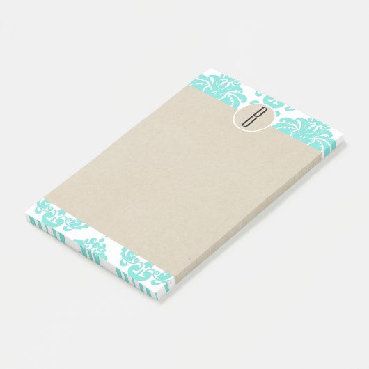 Türkis Aqua Glam Damask Kraft Monogram Initial Post-it Klebezettel (angewinkelt)
