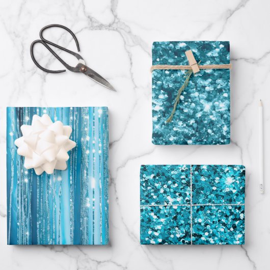 Türkis Aqua Glam Glitzer Geschenkpapier Set (Vorderseite)