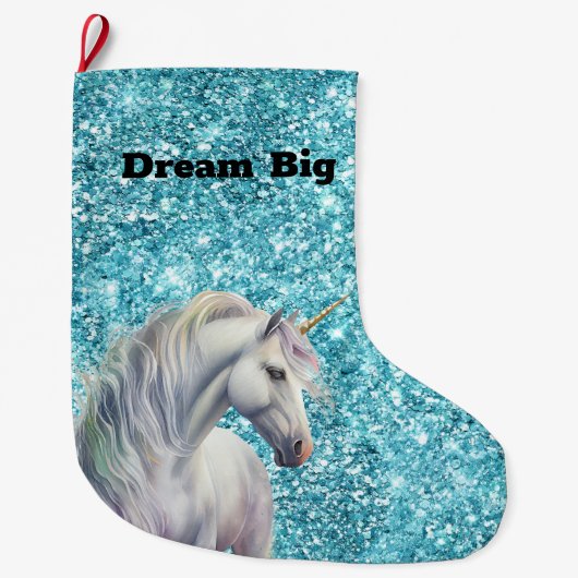 Türkis Aqua Glitz Glitzer Unicorn Großer Weihnachtsstrumpf (Vorderseite)