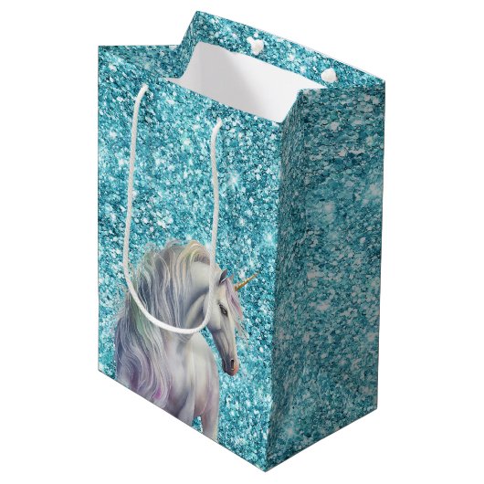 Türkis Aqua Glitz Glitzer Unicorn Mittlere Geschenktüte (Vorderseite Schrägansicht)