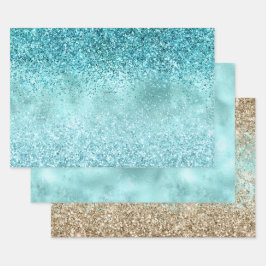 Türkis Aqua Gold Glam Glitzer Geschenkpapier Set