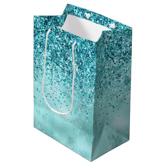 Türkis Aqua Gold Glam Glitzer Mittlere Geschenktüte (Vorderseite Schrägansicht)