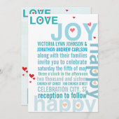 Türkis Aqua Red Heart Moderne Typografie Hochzeit Einladung (Vorne/Hinten)