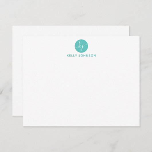Türkis Aqua Script Monogram Circle Modern Girly Mitteilungskarte (Vorne/Hinten)