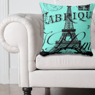 Türkis Aqua Teal Schriften Paris Eiffelturm Kissen