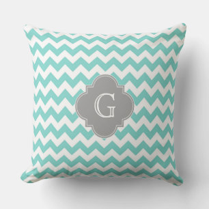 Türkis / Aqua Weiß Chevron Grau Vierpass Monogramm Kissen